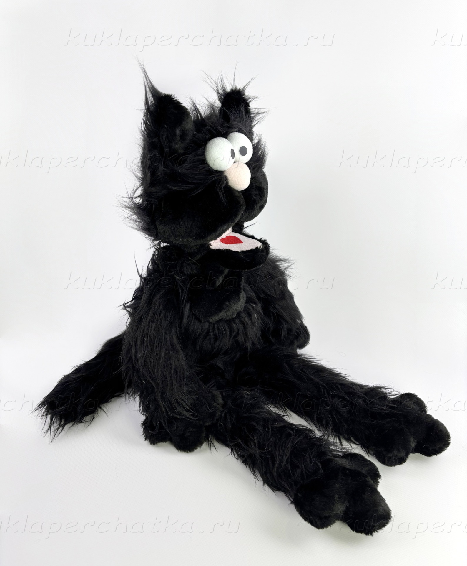 Кот черный-пречерный лохматый с ножками - кукла-маппет с открывающимся ртом, 60 см.
