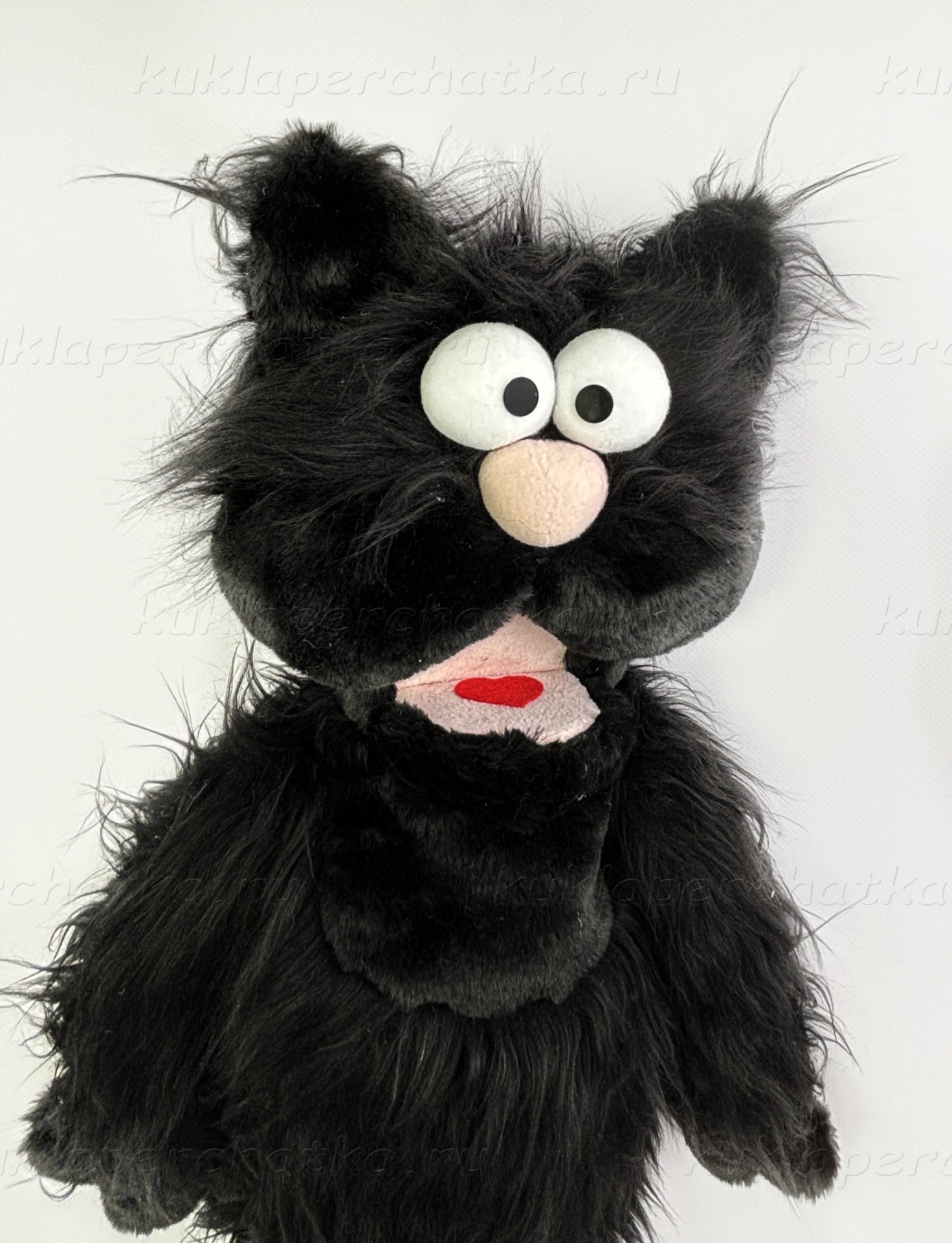 Кот черный-пречерный лохматый с ножками - кукла-маппет с открывающимся ртом, 60 см.
