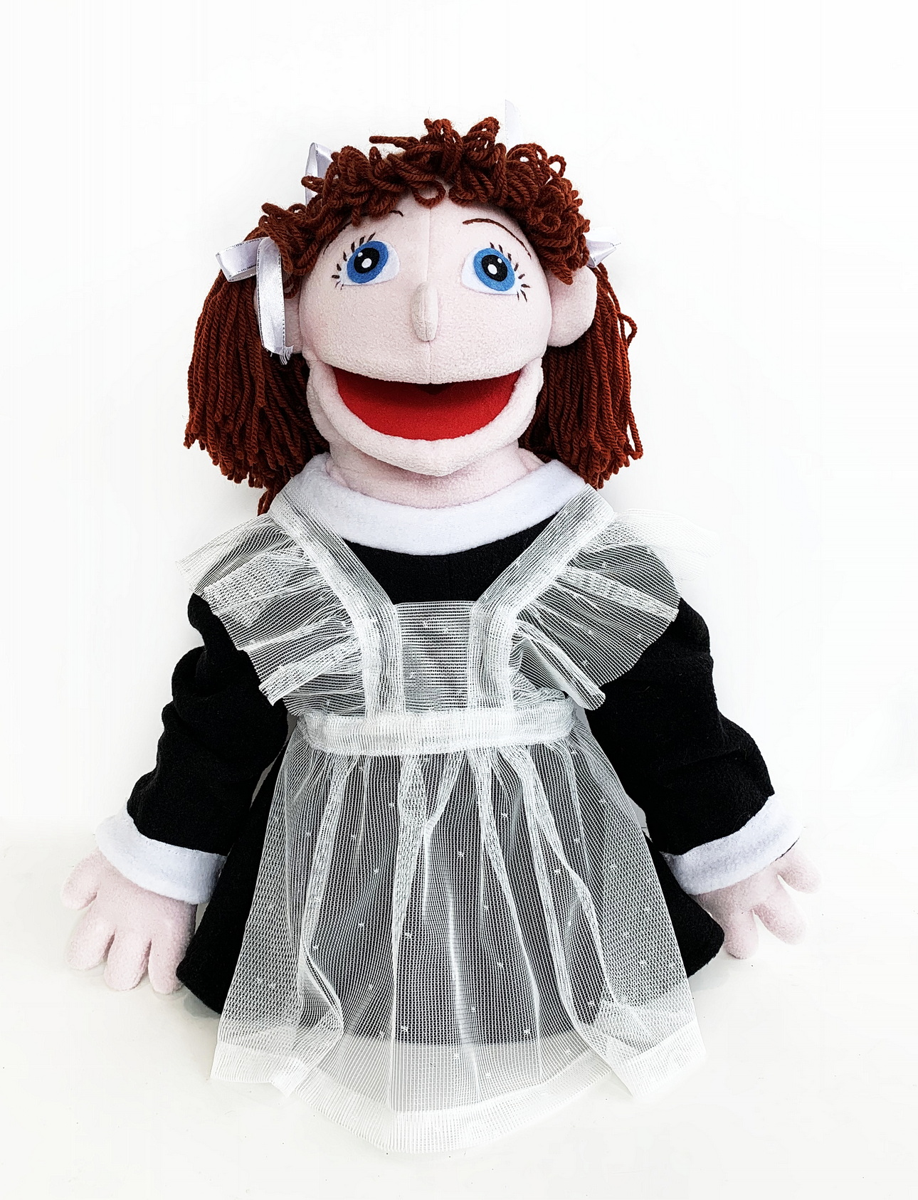 Девочка школьница - кукла-маппет с открывающимся ртом, 40-45 см.