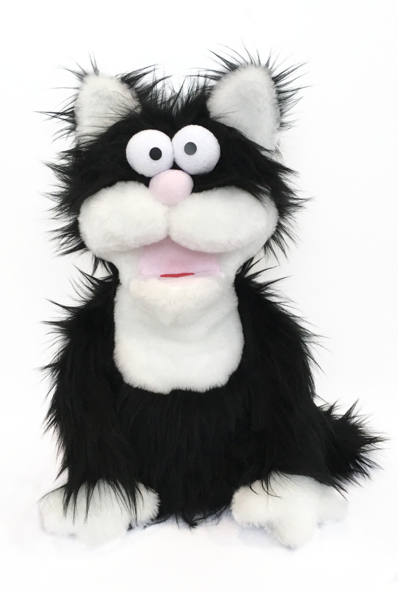 Кот черный лохматый - кукла-маппет с открывающимся ртом, 40 см.
