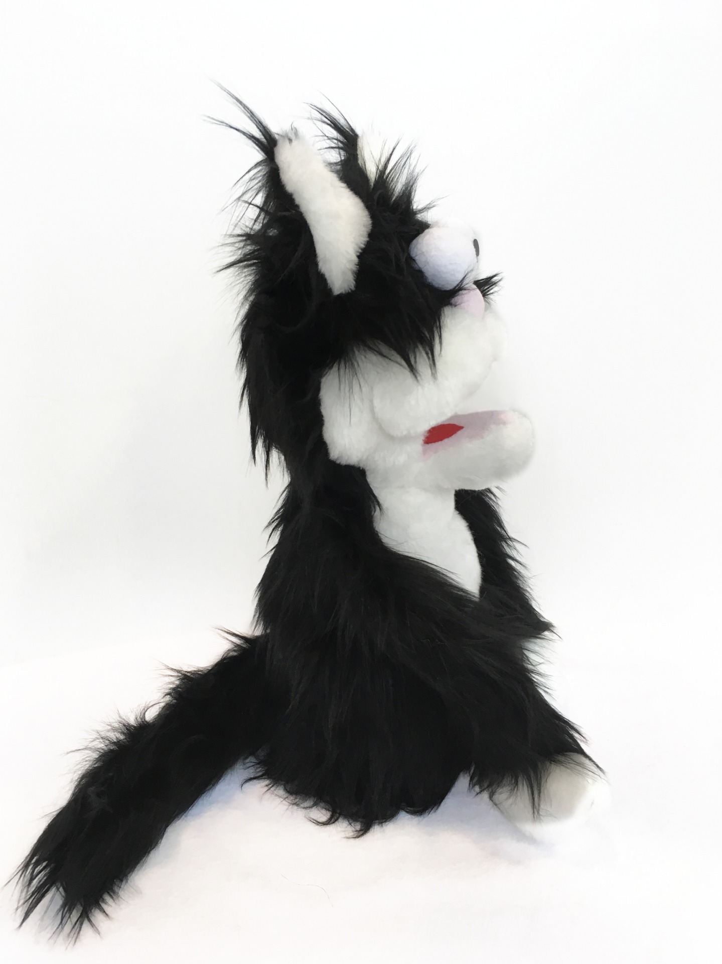 Кот черный лохматый - кукла-маппет с открывающимся ртом, 40 см.